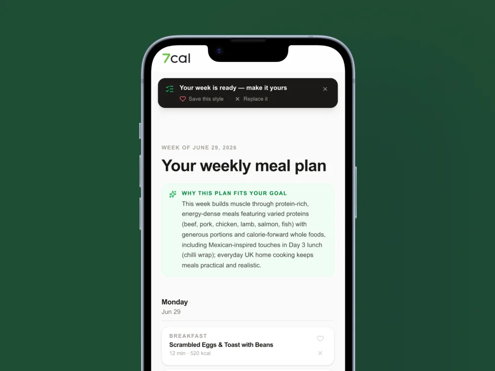 7cal weekly meal plan on mobile showing a "Why this plan fits your goal" explanation above the days, with calorie estimates per meal